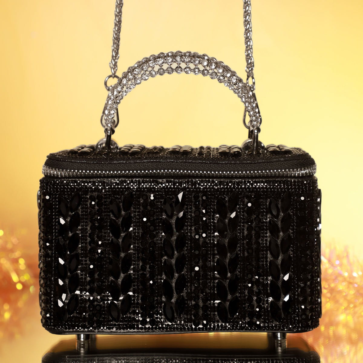 Black Crystal Leaf Luxe Vanity Bag