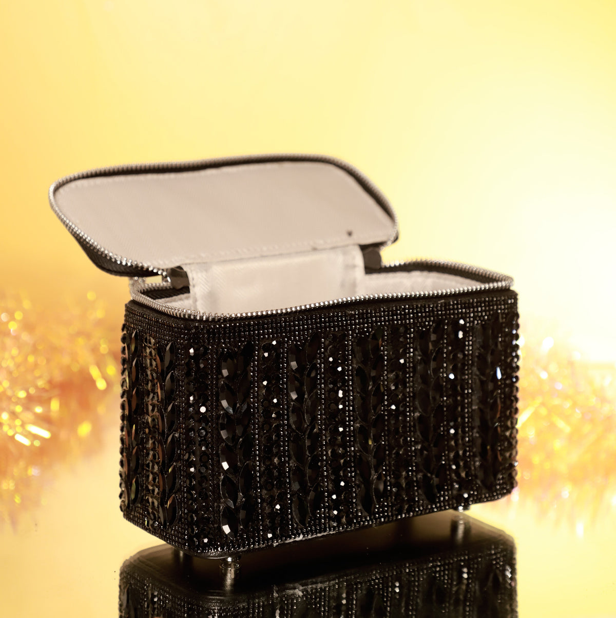Black Crystal Leaf Luxe Vanity Bag