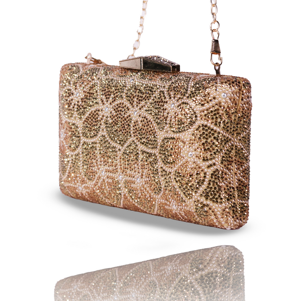 Golden Bloom Crystal Clutch | Detachable Sling