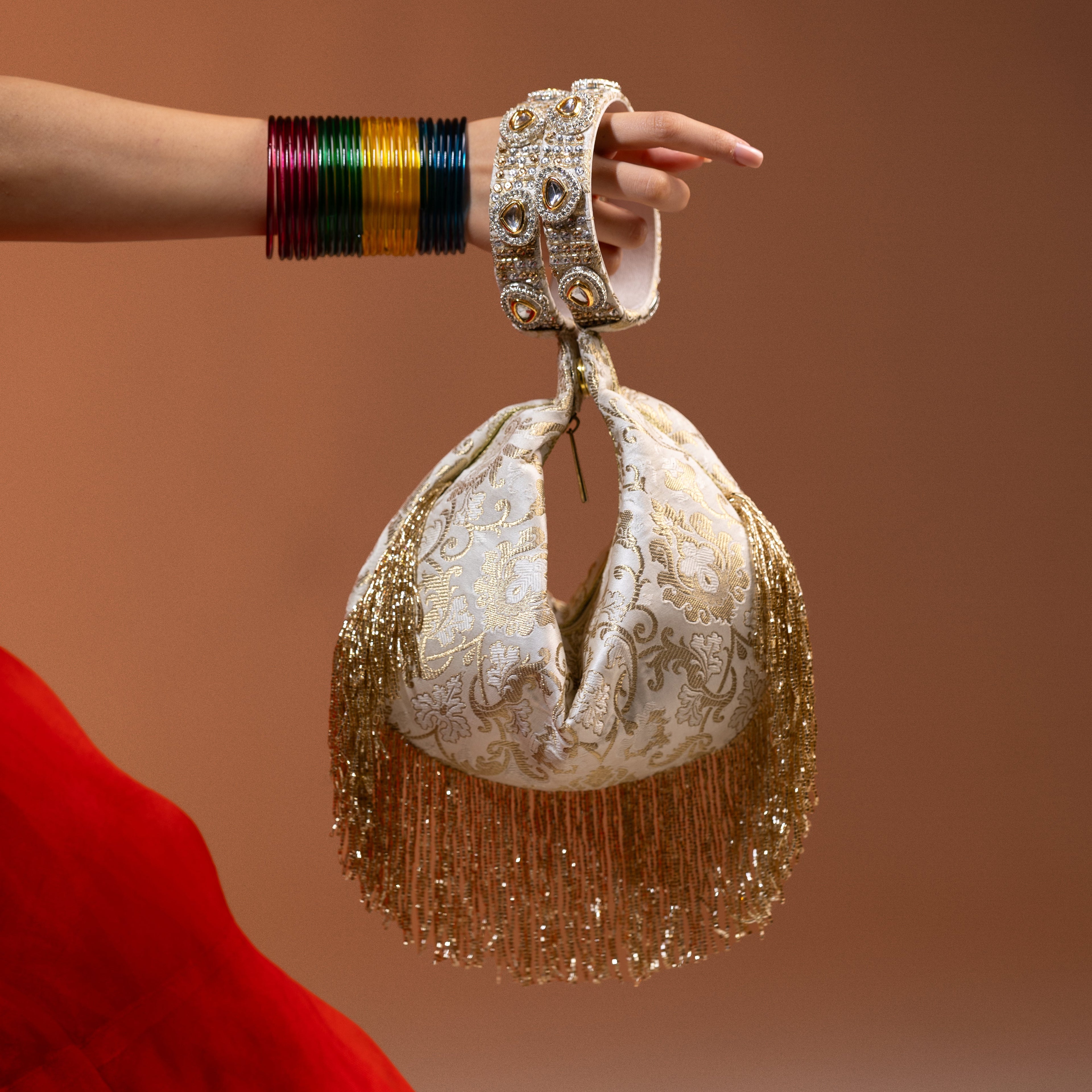 Kundan Brocade Ivory Potli With Tassels