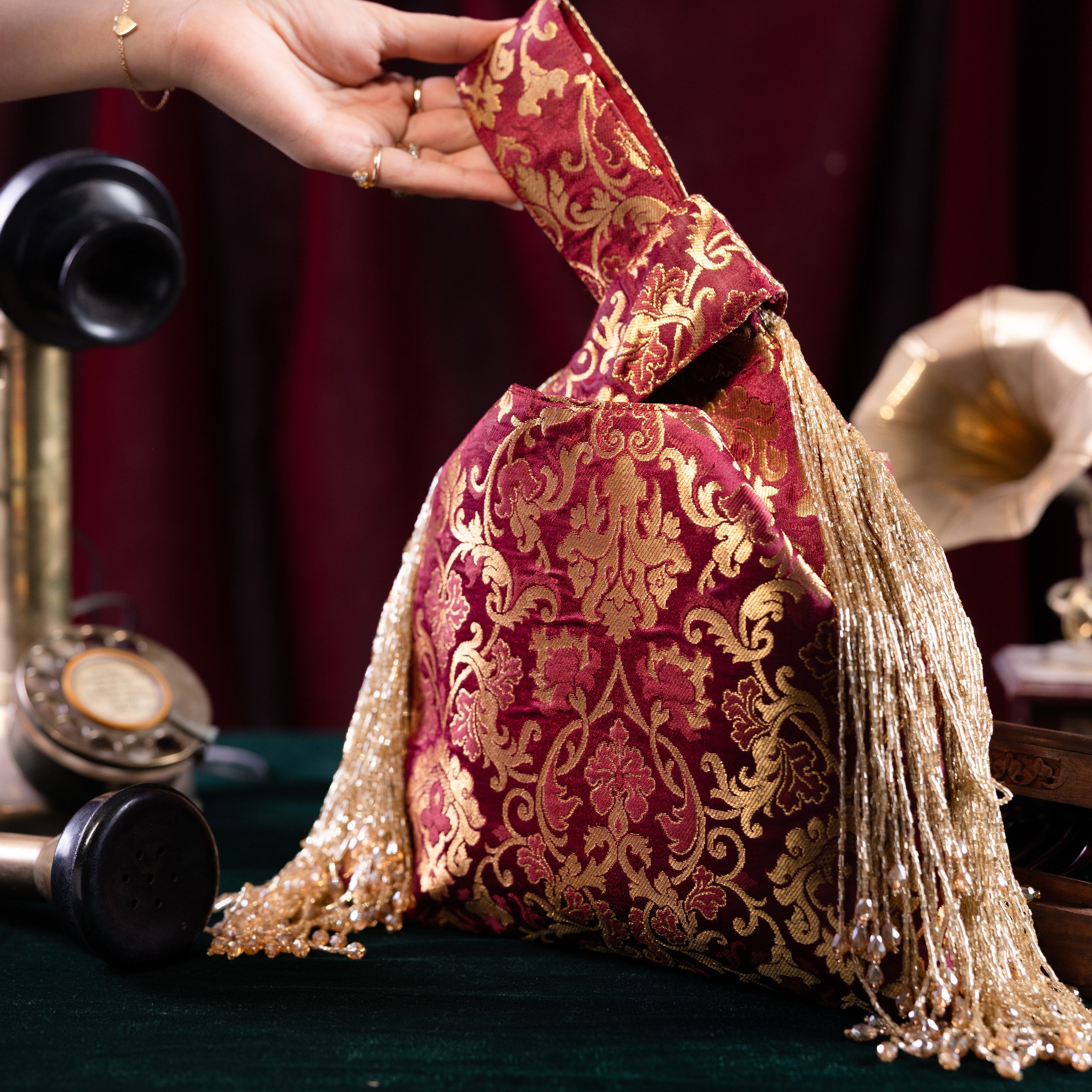 Triangular Brocade Potli Bag With Side Tassels